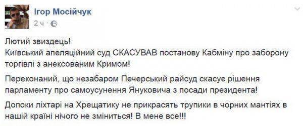 Киевский суд отменил запрет на торговлю с Крымом Киевский суд отменил запрет на торговлю с Крымом