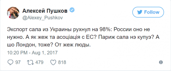 Пушков на двух языках иронично прокомментировал падение экспорта сала из Украины на 98% Пушков на двух языках иронично прокомментировал падение экспорта сала из Украины на 98%