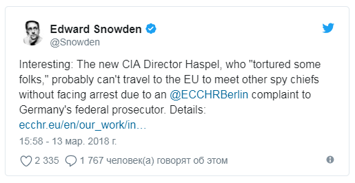 Новый директор ЦРУ участвовала в пытках, сообщил Сноуден Новый директор ЦРУ участвовала в пытках, сообщил Сноуден