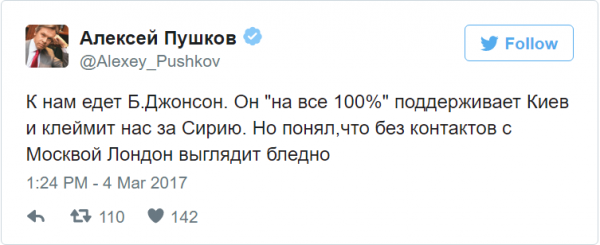 Пушков о визите Джонсона: «Понял, что без контактов с Москвой Лондон выглядит бледно»