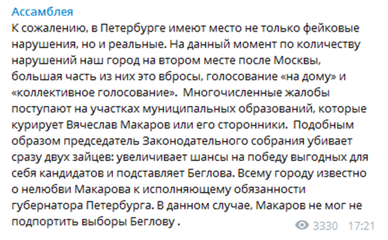 Провокация Макарова по дискредитации Беглова потерпела фиаско