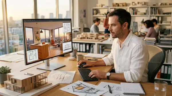 Архитектор за компьютером создает 3D-модель интерьера квартиры с планами и визуализацией