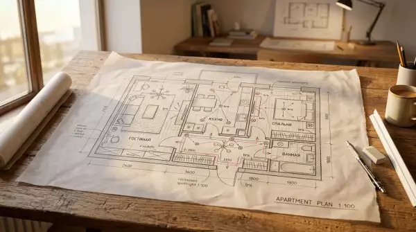 Чертеж плана квартиры с отмеченными розетками, освещением и мебелью