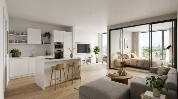 3D-визуализация современной квартиры с кухней-гостиной и спальней в проекте студии