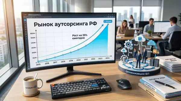 График роста рынка аутсорсинга в России с иллюстрацией бизнес-процессов