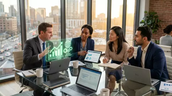 Бизнес-аналитики анализируют преимущества аутсорсинга на встрече