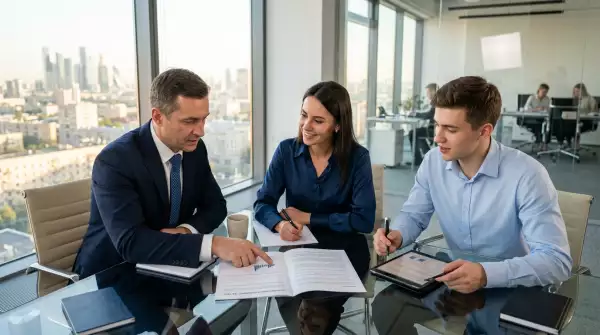 Специалисты обсуждают аутсорсинговый договор в офисе