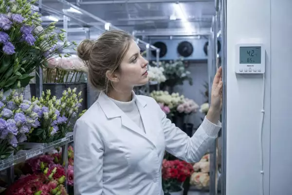 Флорист проверяет температуру и влажность в холодильной камере с цветами