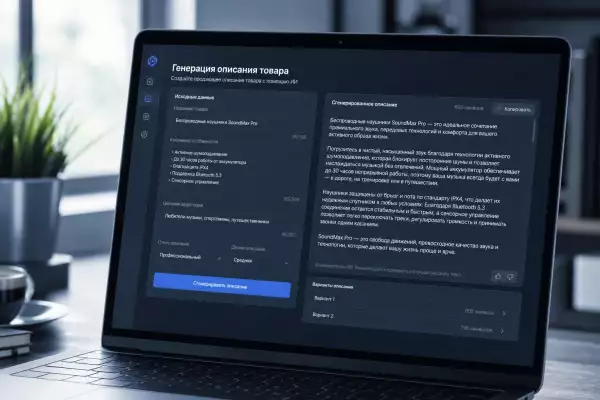 Экран компьютера с интерфейсом ИИ, генерирующим описание товара
